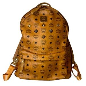 MCM Cognac Visetos Metallic Embellished Full Size Unisex Backpack Book Bag